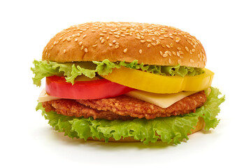 Fresh tasty burger, american hamburger, fastfood, isolated on white background.