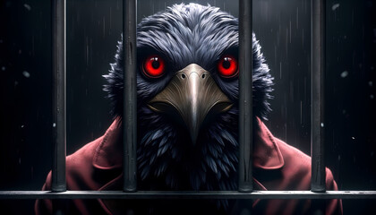 Hyper-Realistic Photograph of a Birdman Behind Bars with Red Eye
