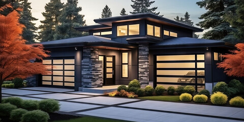 luxury home 3d renderingLuxurious new construction home. Modern style house with car garage . - obrazy, fototapety, plakaty