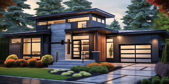 Luxury Home 3d RenderingLuxurious New Construction Home. Modern Style House With Car Garage .