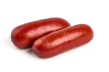 Smoked pork sausages, isolated on white background.