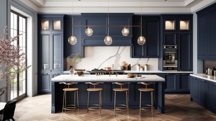 Elegant Navy Blue Kitchen with Brass Accents - obrazy, fototapety, plakaty