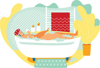 Naklejka premium Young woman relaxing in a bubble bath with candles, eye mask for restful atmosphere. Peaceful home spa treatment, self-care with cozy vibes in a modern bath.