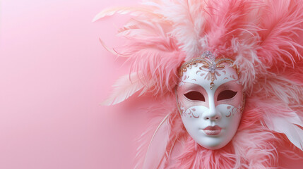 Pink and white venetian mask on a light pink background. Carnival background