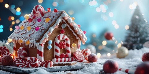 gingerbread house with caramel on blurred background Generative AI