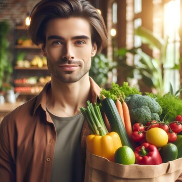 Banner image of healthy young man holding groceries bag full of fruits and vegetables.