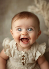 A baby with a playful and giggly expression, capturing the joy of infancy. 