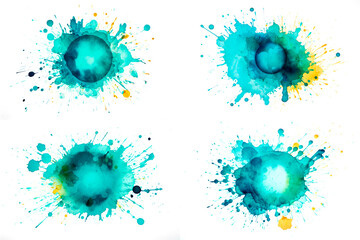 set of abstract green blue azure emerald color watercolor splashes isolated