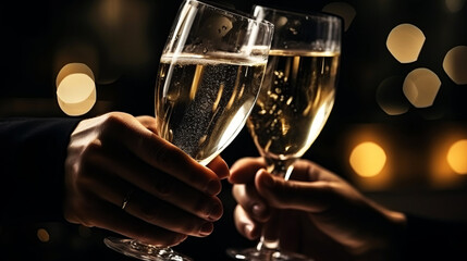 Close up hands friends clink glasses with champagne at midnight. People cheering, New Year's Cheers