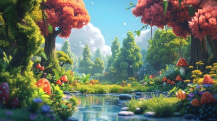 Cartoon fairy tale landscape. Ilustration for game design, for youtube kid's channel - obrazy, fototapety, plakaty