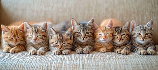A playful bunch of adorable cat kittens with various colors, sitting together in a row