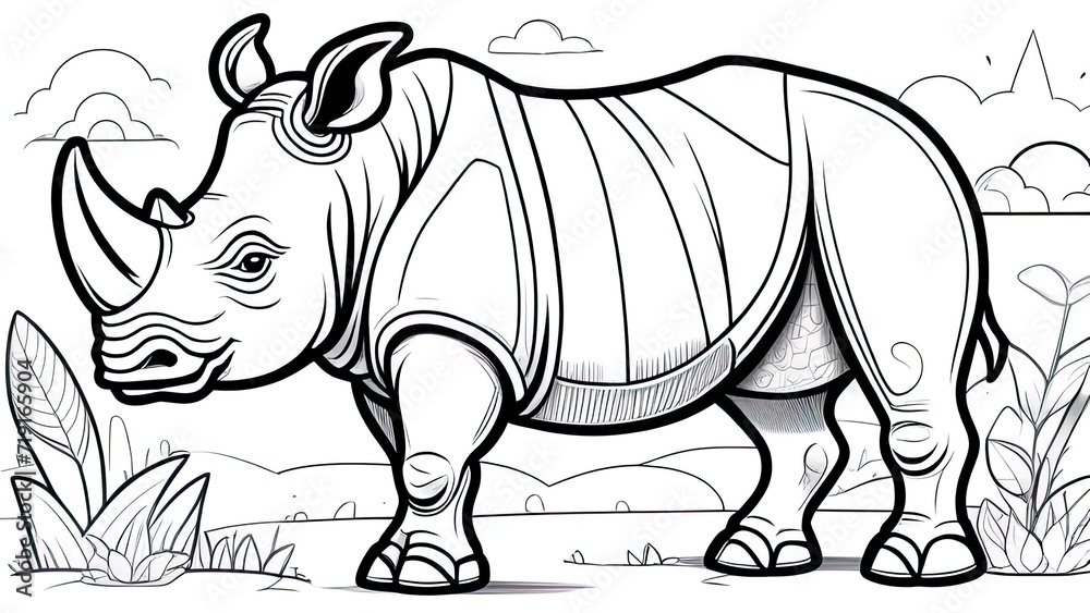 Wall mural funny rhinoceros coloring page. rhinoceros cartoon characters. for kids coloring book.