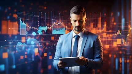 Driving Financial Insights: A Businessman Examines Financial Data on His Laptop, Enriched with Innovation and Digital Transformation Icons, Propelling Organizational Success - obrazy, fototapety, plakaty