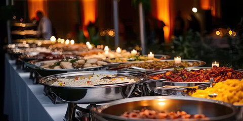 Fototapeta na wymiar People group catering buffet food indoor in restaurant with meat colorful fruits and vegetables. 