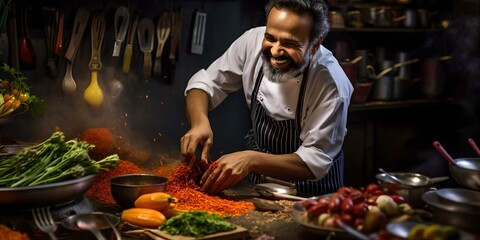 Joyful chef preparing fresh vegetables in a rustic kitchen setting. culinary mastery and passion in action. AI