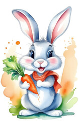 watercolor illustration of cute smiling bunny holding orange carrot, illustrated rabbit character.