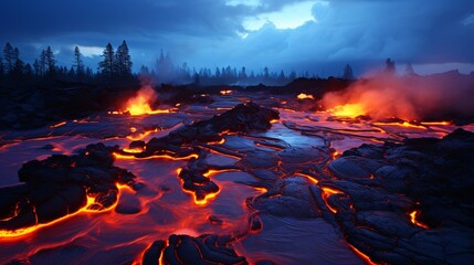Fiery lava flow from volcanic eruption creating new landmass with destructive power - obrazy, fototapety, plakaty