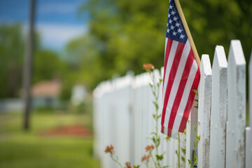 American flag on a white picket fence, memorial or flag day