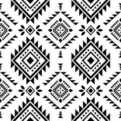 Ethnic southwest tribal navajo ornamental seamless pattern fabric black and white design for textile printing  - obrazy, fototapety, plakaty