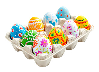 Egg Carton with colorful Easter eggs adorned with various floral patterns, traditional colorfully decorated easter eggs isolated on a transparent background - Powered by Adobe