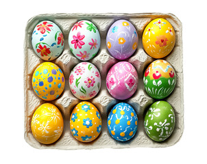 Egg Carton with colorful Easter eggs adorned with various floral patterns, top view, flat lay, traditional colorfully decorated easter eggs isolated on a transparent background - Powered by Adobe
