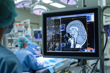 CT scan of brain is conducted on comatose patient in intensive care unit AI Generation - obrazy, fototapety, plakaty