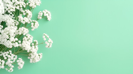 A bouquet of white flowers on a green background, Gypsophila Flowers Background, White flowers on a green background, Spring flowers. frame of twigs of blooming white lilac on a green, AI generated