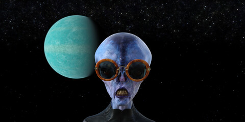 Illustration of mean blue skinned alien in sunglasses with a planet in the background. - obrazy, fototapety, plakaty