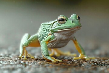 A tree green frog walks in the rain in nature