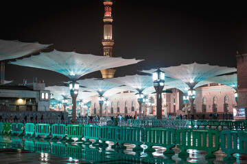 Evening view of Nabawi Mosque in Al Madinah, Saudi Arabia.