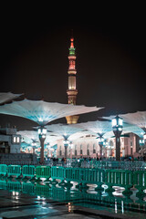 Evening view of Nabawi Mosque in Al Madinah, Saudi Arabia.