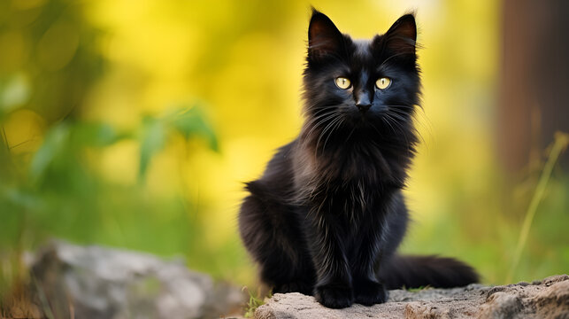 Beautiful Black Cat Sits In Bright Garden And Looks At The Camera With Serious Eye, A black cat isolated on a yellow background, An animal copy space, AI generated
