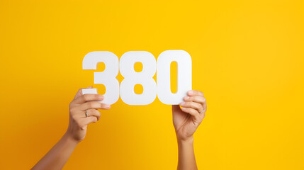 3D 380 number with a female hands font alphabet. White 3D Number 380 with yellow background,AI generated - obrazy, fototapety, plakaty