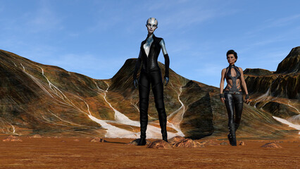 Illustration of a human woman and an alien female walking and standing on an alien landscape. - 719168797