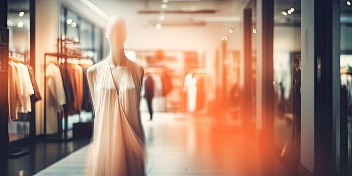 Blurred background of a modern shopping mall with mannequins in fashion shopfront. Abstract motion blurred outlet 