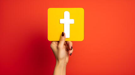 The white Crucifix / Cross on a yellow poster in a female hand with a dark red background, Christian religious copy space for text  ,AI generated
