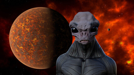 Illustration of an alien with black eyes and purple skin wearing a neoprene suit against a planet and moon in space. - 719169311