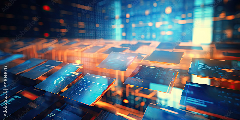 Poster abstract network grid with files and folders, futuristic software interface, digital document manage