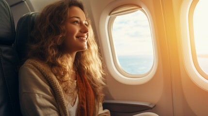Fototapeta premium A beautiful happy smiling woman is sitting in an airplane seat near the porthole. Travel, flights to different countries, air transport concepts.