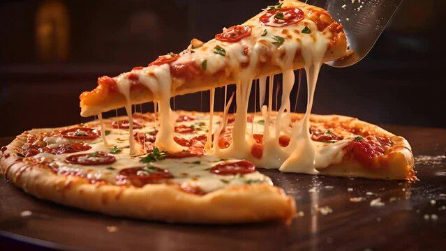 slice of pizza on a wooden board, from which melted cheese flows