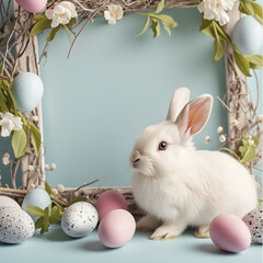 Naklejka na ściany i meble Easter festival social media background design with copy-space for text. Cute white rabbit is crouching at the right side of the picture frame with colorful pastel easter eggs on blue background.
