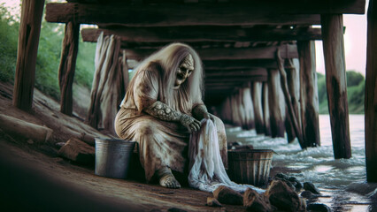 mamuna also known as dziwozona, a demon figure is polish folklore that could be found washing clothes in the river, under a bridge - obrazy, fototapety, plakaty