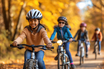 Fototapeta na wymiar a diverse group of kids enjoying a group bike ride in the autumn park