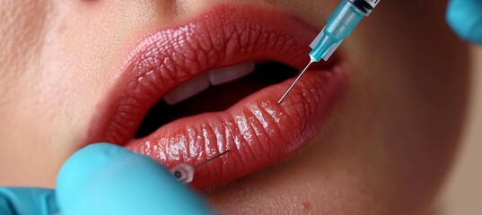Skilled doctor giving lip injection, allowing for text placement in aesthetic medicine concept. - obrazy, fototapety, plakaty