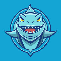 Aggressive shark with open mouth showing sharp fangs underwater in ocean, cartoon vector illustration, sports team logo