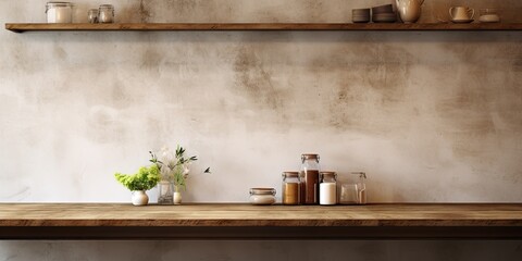 Blurry kitchen wall and shelf background with a wooden table texture.
