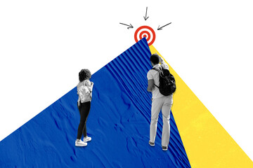 Creative collage picture illustration monochrome effect two people young preteen boy man go walk way target motivation white background © deagreez