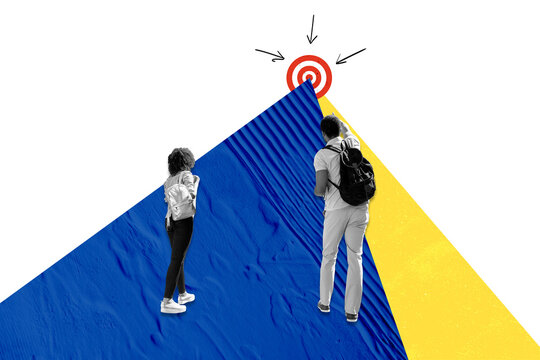 Creative collage picture illustration monochrome effect two people young preteen boy man go walk way target motivation white background