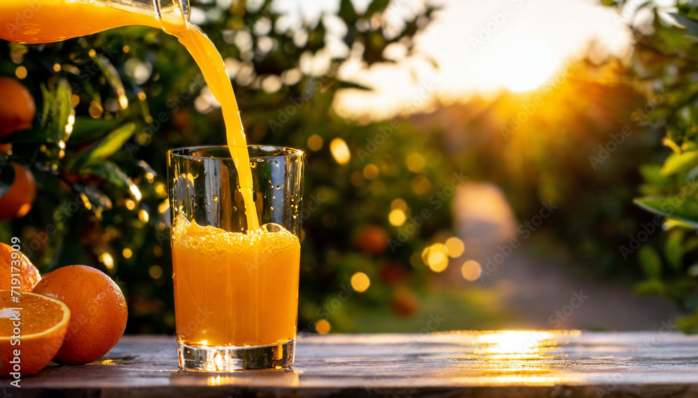 Poster Fresh orange juice pouring into a glass on the background of oranges in the garden