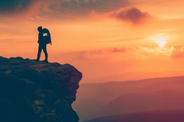 Obraz premium Contemplative Hiker Overlooking Sunset from Mountain Summit